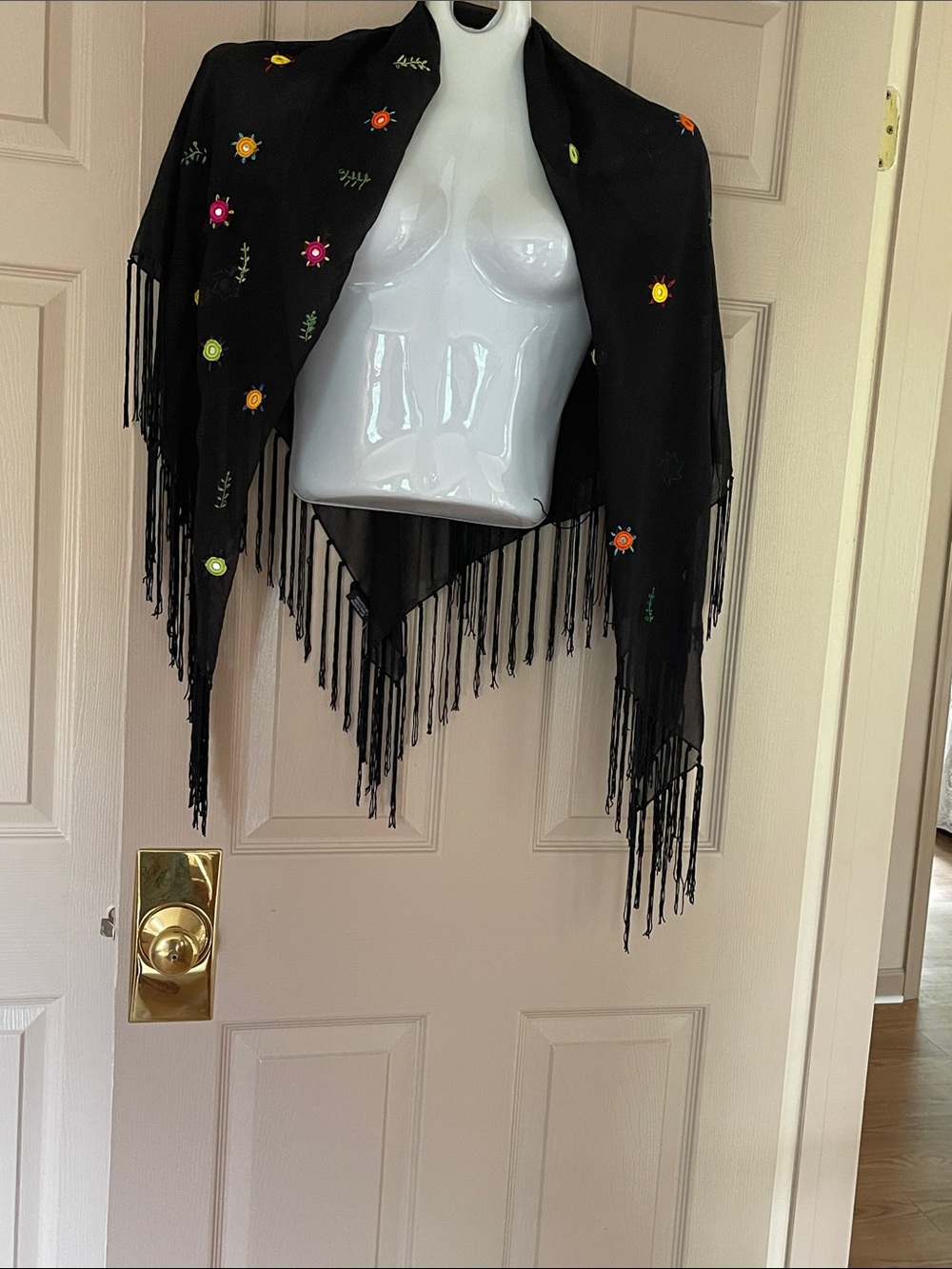 Black Fringe Shawl with Colorful Floral Embroidery